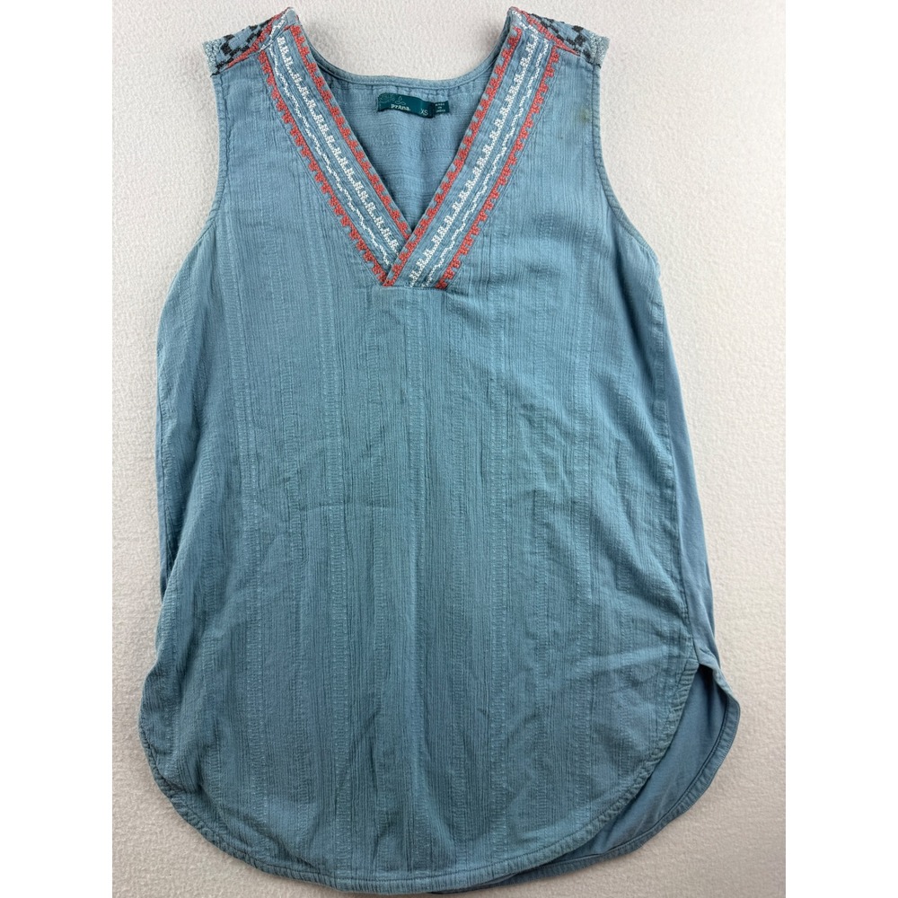 Prana Womens XS Blue Embroidered V-Neck Sleeveless Tunic Top Boho Dobby Stripe
